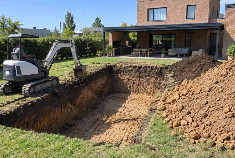 Miniexcavadora excavando una pileta en el parque de una casa en Pilar