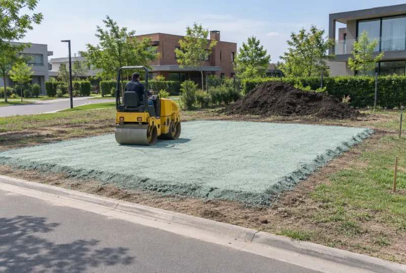 Rodillo compactando tosca en un lote de barrio cerrado en Pilar